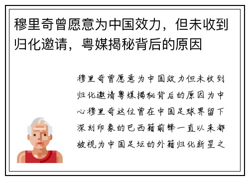 穆里奇曾愿意为中国效力，但未收到归化邀请，粤媒揭秘背后的原因